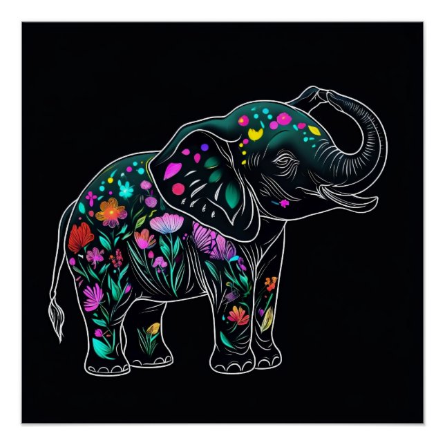 Cute Elephant Saluting with Colorful Flowers Line  Poster (Front)