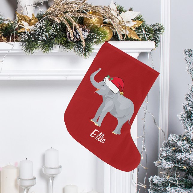 Cute Elephant Santa Hat Personalized Red Large Christmas Stocking (Creator Uploaded)
