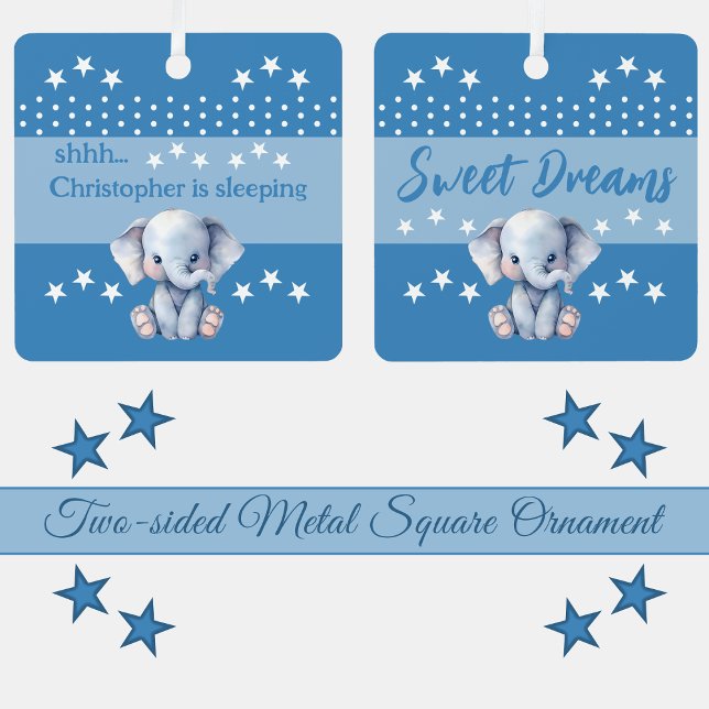 Cute elephant shhh add name is sleeping blue metal ornament (Creator Uploaded)