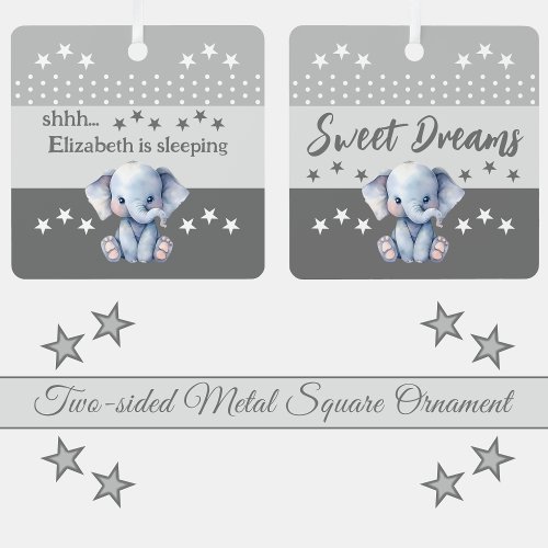 Cute elephant shhh add name is sleeping grey metal ornament