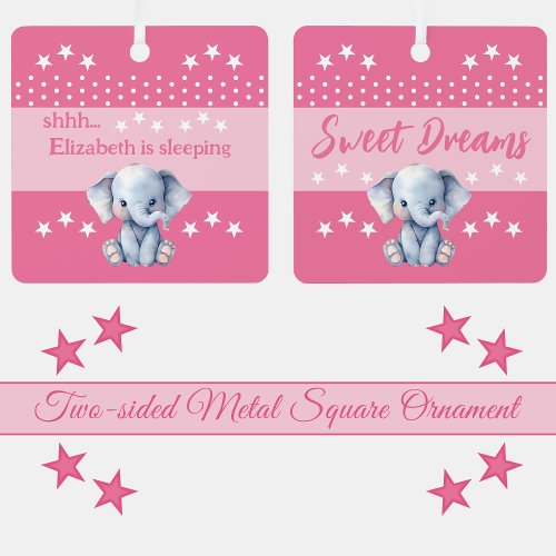 Cute elephant shhh add name is sleeping pink metal ornament