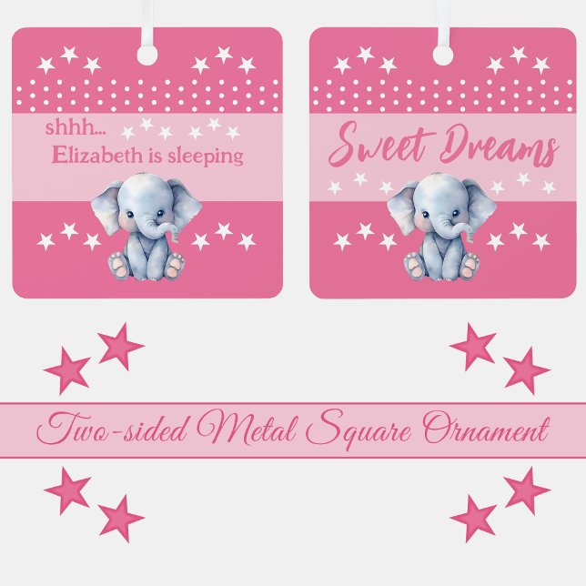 Cute elephant shhh add name is sleeping pink metal ornament (Creator Uploaded)