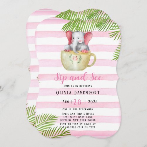 Cute Elephant Sip and See Girl Baby Shower Invitation