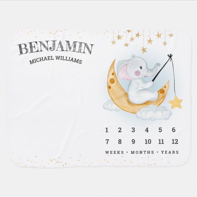 Cute Elephant Sitting on Crescent Moon Milestone Baby Blanket (Horizontal)