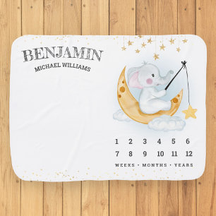 Cute Elephant Sitting on Crescent Moon Milestone Baby Blanket