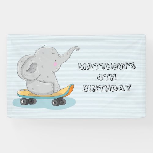 Cute Elephant Skateboard Birthday Party Banner