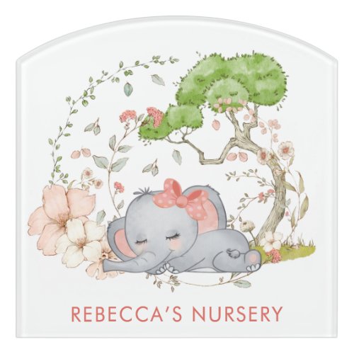 Cute Elephant Sleeping Baby Girl Name Nursery Door Sign