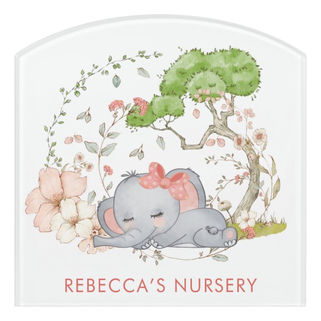 Cute Elephant Sleeping Baby Girl Name Nursery Door Sign (Contour Front)
