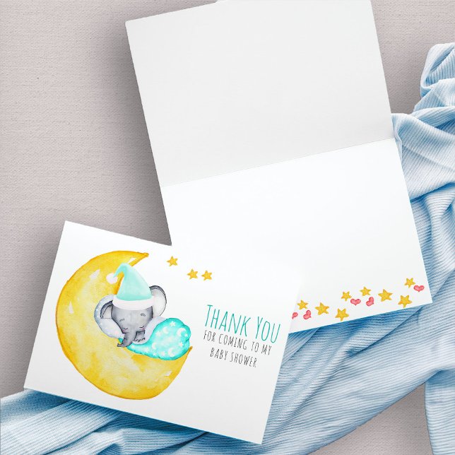 Cute Elephant Sleeping on the Moon Baby Shower Thank You Card (Cute baby elephant thank you card)