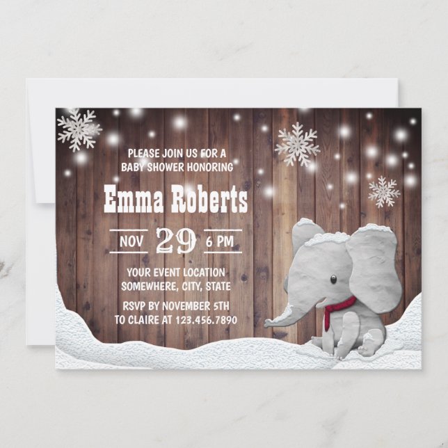 Cute Elephant Snowflakes Rustic Winter Baby Shower Invitation (Front)