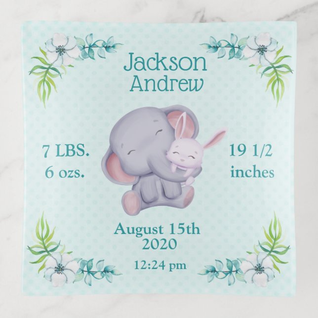 Cute Elephant Snuggling White Bunny Rabbit Trinket Trinket Tray (Front)
