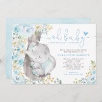 Cute Elephant Soft Blue Floral Boy Baby Shower Invitation