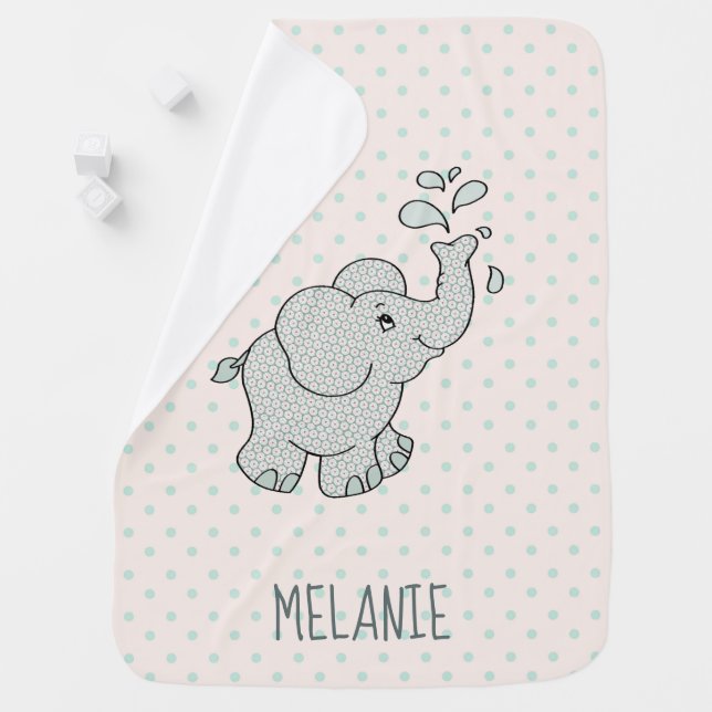Cute Elephant Spurting Water Pink Personalised Baby Blanket (In Situ)