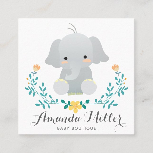 Cute elephant squared for baby business square business card (Front)