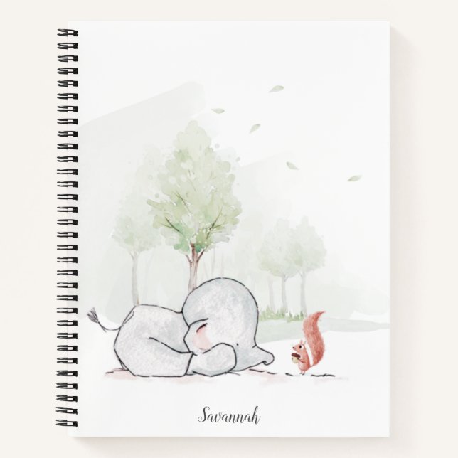 Cute Elephant Squirrel Name Watercolor Notebook (Front)