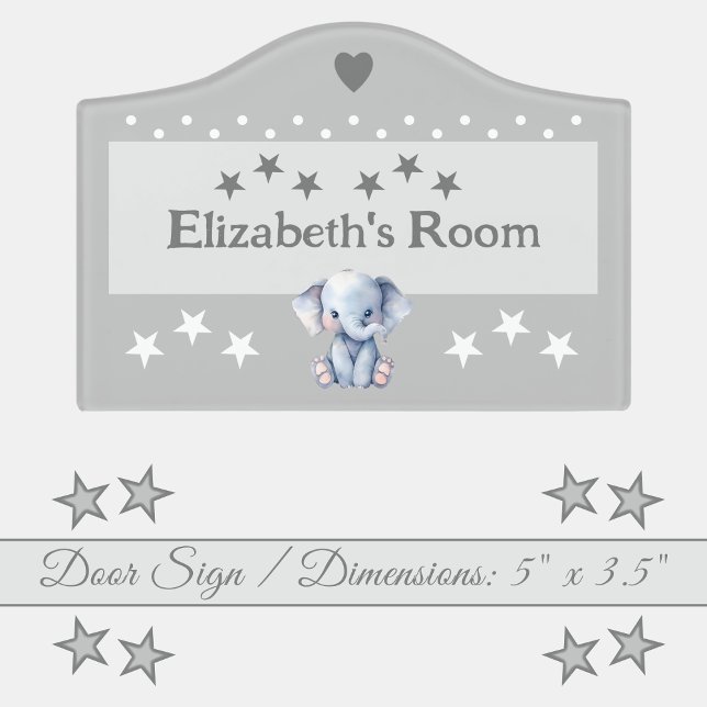 Cute elephant stars baby's room add name grey door sign (Creator Uploaded)