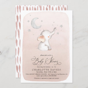 Cute Elephant Stars Moon Blush Girl Baby Shower Invitation