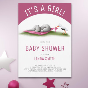 Cute Elephant Stork Girl Baby Shower Invitation