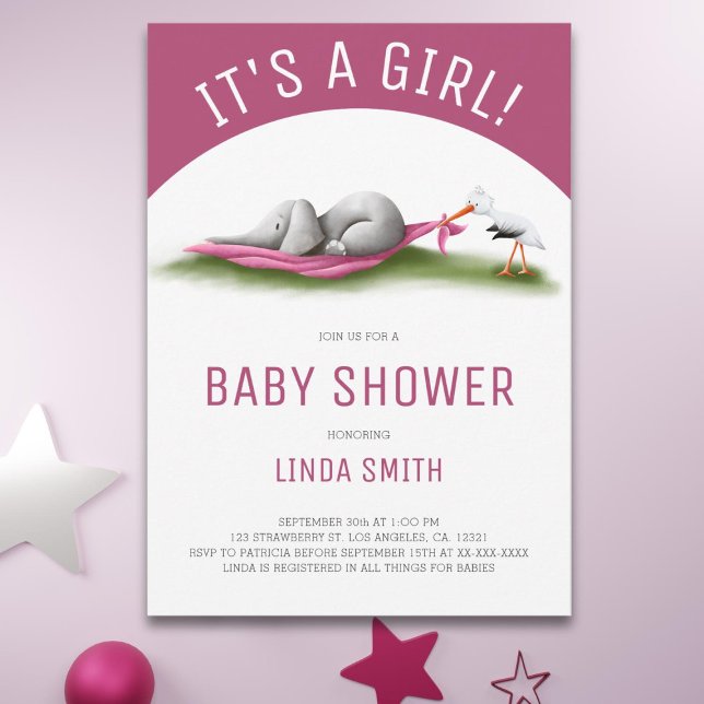 Cute Elephant Stork Girl Baby Shower Invitation (Creator Uploaded)