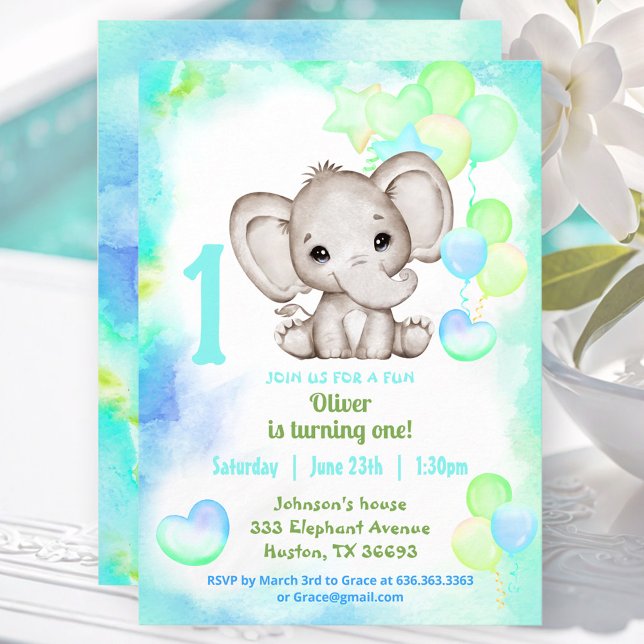 Cute Elephant Summer Colorful Boy 1stBirthday Invitation (Cute Elephant Summer Colorful Boy 1stBirthday Invitation)