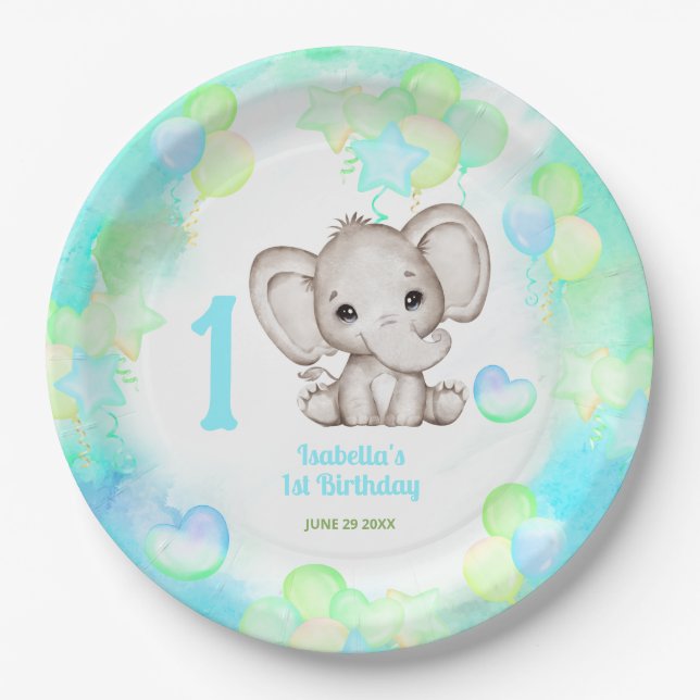 Cute Elephant Summer Colorful Boy 1stBirthday Paper Plates (Front)