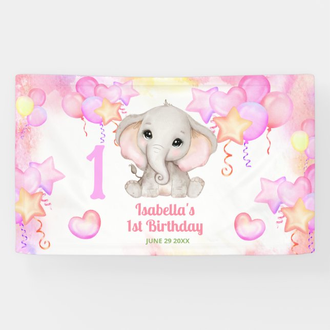 Cute Elephant Summer Colorful Girl 1stBirthday Banner (Horizontal)
