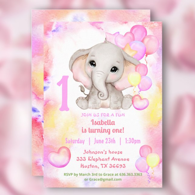 Cute Elephant Summer Colorful Girl 1stBirthday Invitation (Cute Elephant Summer Colorful Girl 1stBirthday Invitation)