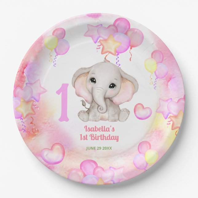 Cute Elephant Summer Colorful Girl 1stBirthday Paper Plates (Front)