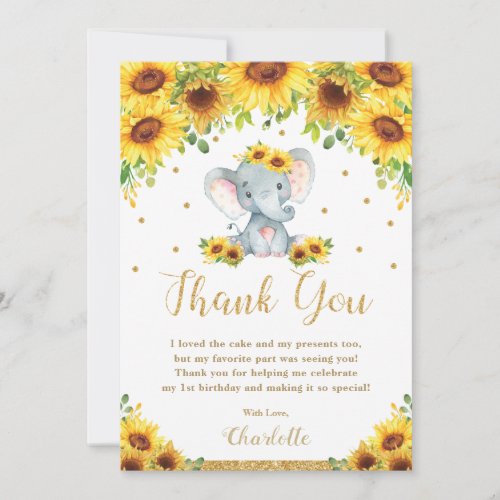 Cute Elephant Sunflower 1st Birthday Party Floral Thank You Card