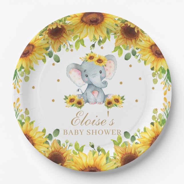 Cute Elephant Sunflower Baby Shower Birthday Party Paper Plates (Front)