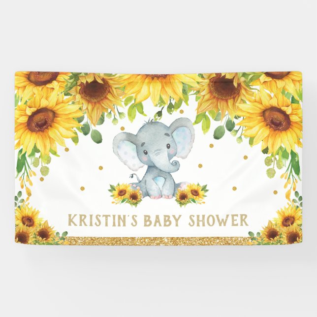 Cute Elephant Sunflower Boy Baby Shower Backdrop  Banner (Horizontal)