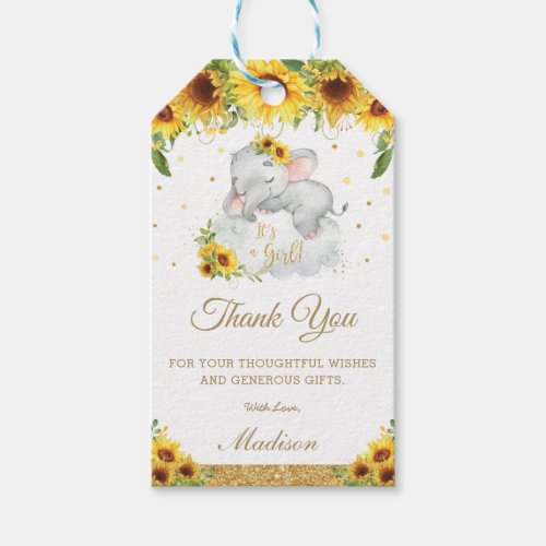 Cute Elephant Sunflower Floral Baby Shower Favor Gift Tags