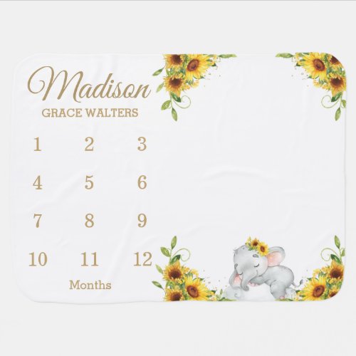 Cute Elephant Sunflower Floral Monthly Milestone Baby Blanket