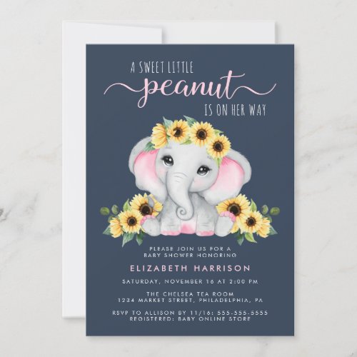 Cute Elephant Sunflowers Blue Baby Girl Shower Invitation