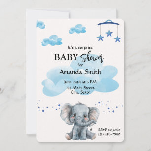 Cute Elephant Surprise Baby Shower Blue Invitation
