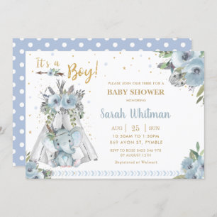 Cute Elephant Tribal Blue Gold Boy Baby Shower Invitation