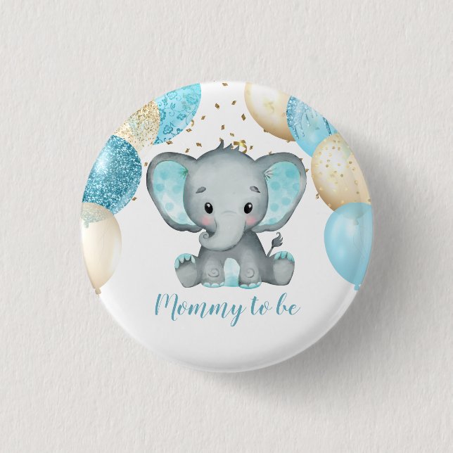 Cute Elephant Turquiose Gold Balloons Baby Shower Button (Front)