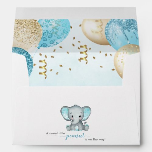 Cute Elephant Turquiose Gold Balloons Baby Shower Envelope