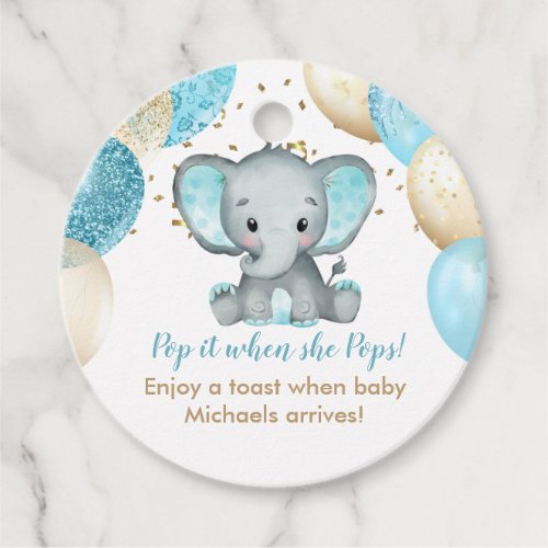 Cute Elephant Turquiose Gold Balloons Baby Shower Favor Tags