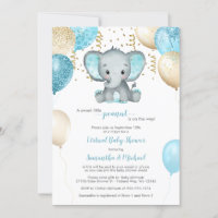 Cute Elephant Turquiose Gold Balloons Baby Shower Invitation