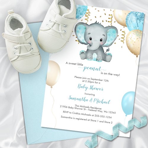 Cute Elephant Turquiose Gold Balloons Baby Shower  Invitation