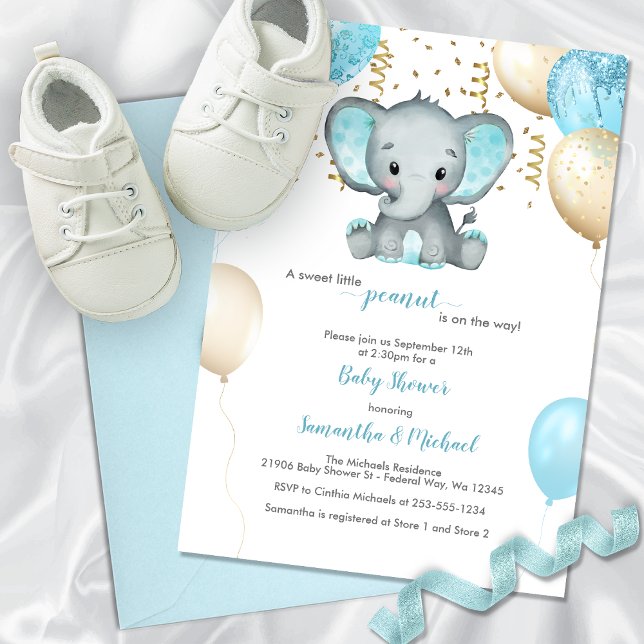 Cute Elephant Turquiose Gold Balloons Baby Shower  Invitation (Cute Elephant Turquiose Gold Balloons Baby Shower Invitation)