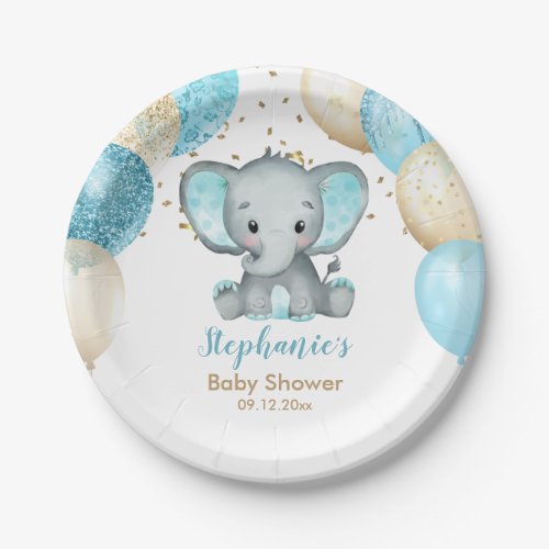 Cute Elephant Turquiose Gold Balloons Baby Shower Paper Plates