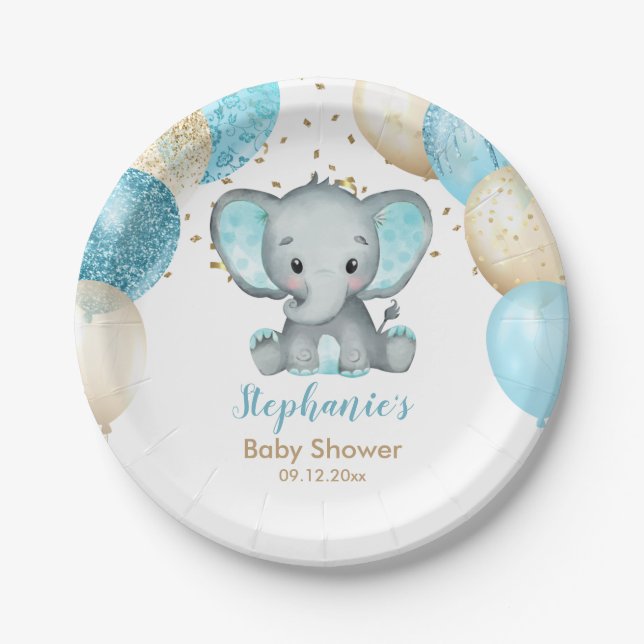Cute Elephant Turquiose Gold Balloons Baby Shower Paper Plates (Front)