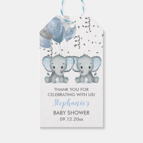 Cute Elephant Twin Boy Balloons Baby Shower Gift Tags