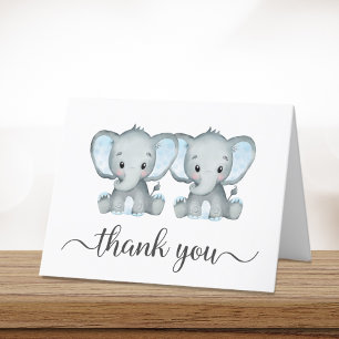 Cute Elephant Twin Boys Baby Shower Letterpress Thank You Card
