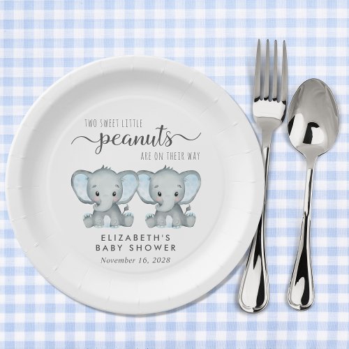 Cute Elephant Twin Boys Baby Shower Paper Plates