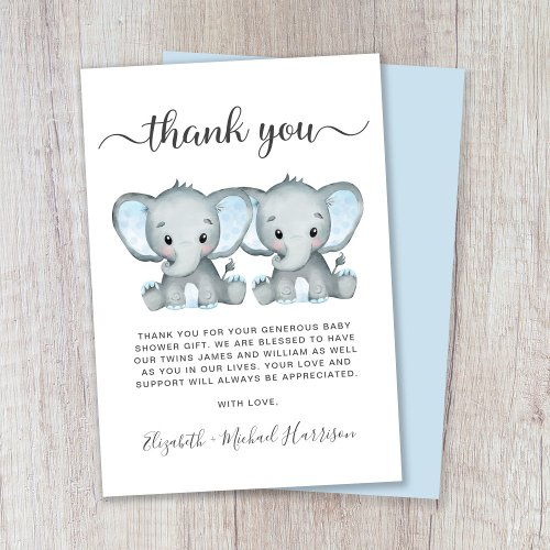 Cute Elephant Twin Boys Baby Shower Thank You Card