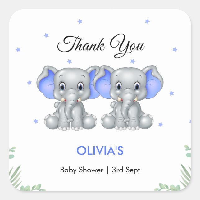 Cute Elephant Twin Boys Baby Shower Thank You   Square Sticker (Front)