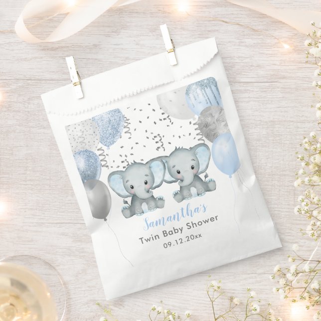 Cute Elephant Twin Boys Balloon Baby Shower Favor Bag (Clipped)